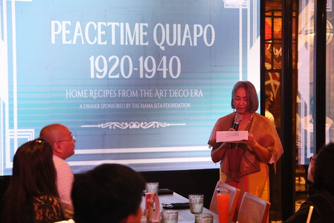 Mrs. Clara Reyes-Lapus delivers her talk at the Mama Sita Foundation (MSF) sponsored heritage dinner, “Peacetime Quiapo (1920 – 1940): Home Recipes from the Art Deco Era.”